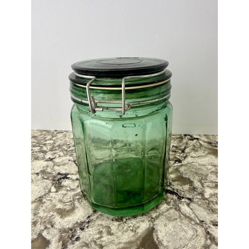Vintage Emerald Green Wire Bail Hinged 12 Panel Cannister Jar 5 1/2"  Tall
